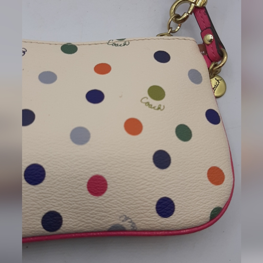 Coach Corner Wristlet Wallet Cream Pink Polka Dot Pouch Small Logo Leather - Picture 7 of 8